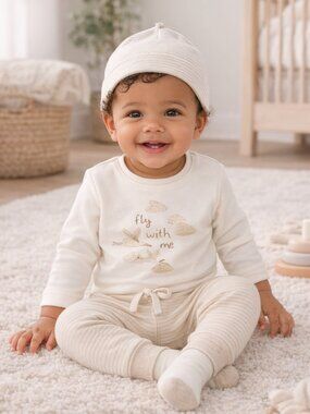NWT Carter’s Baby Boy Cloud 4-Piece Outfit Set Neutral Beige 12 Months Hat Pants